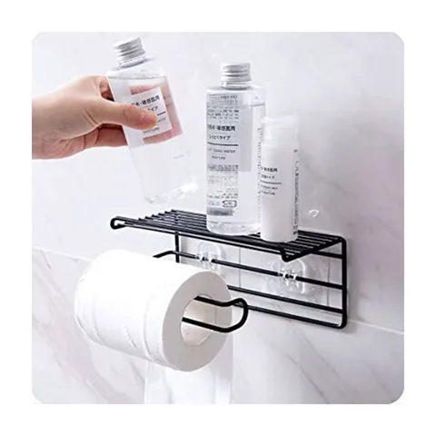 Wall Mounted Tissue Holder with Shelf and Hooks – Black