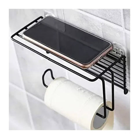 Wall Mounted Tissue Holder with Shelf and Hooks – Black